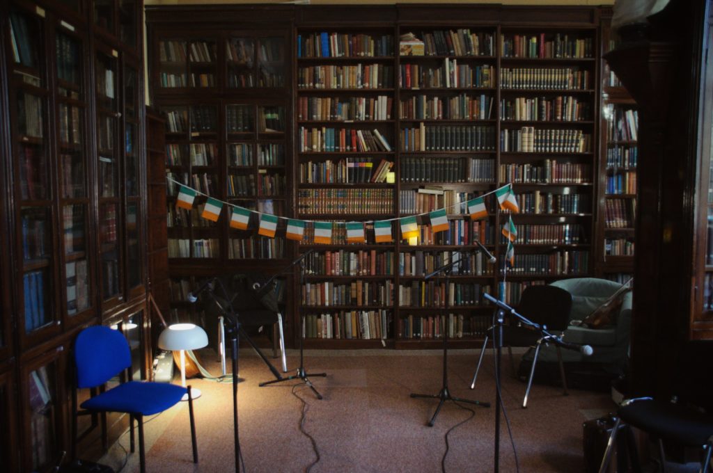 Picture of a library with Irish banner