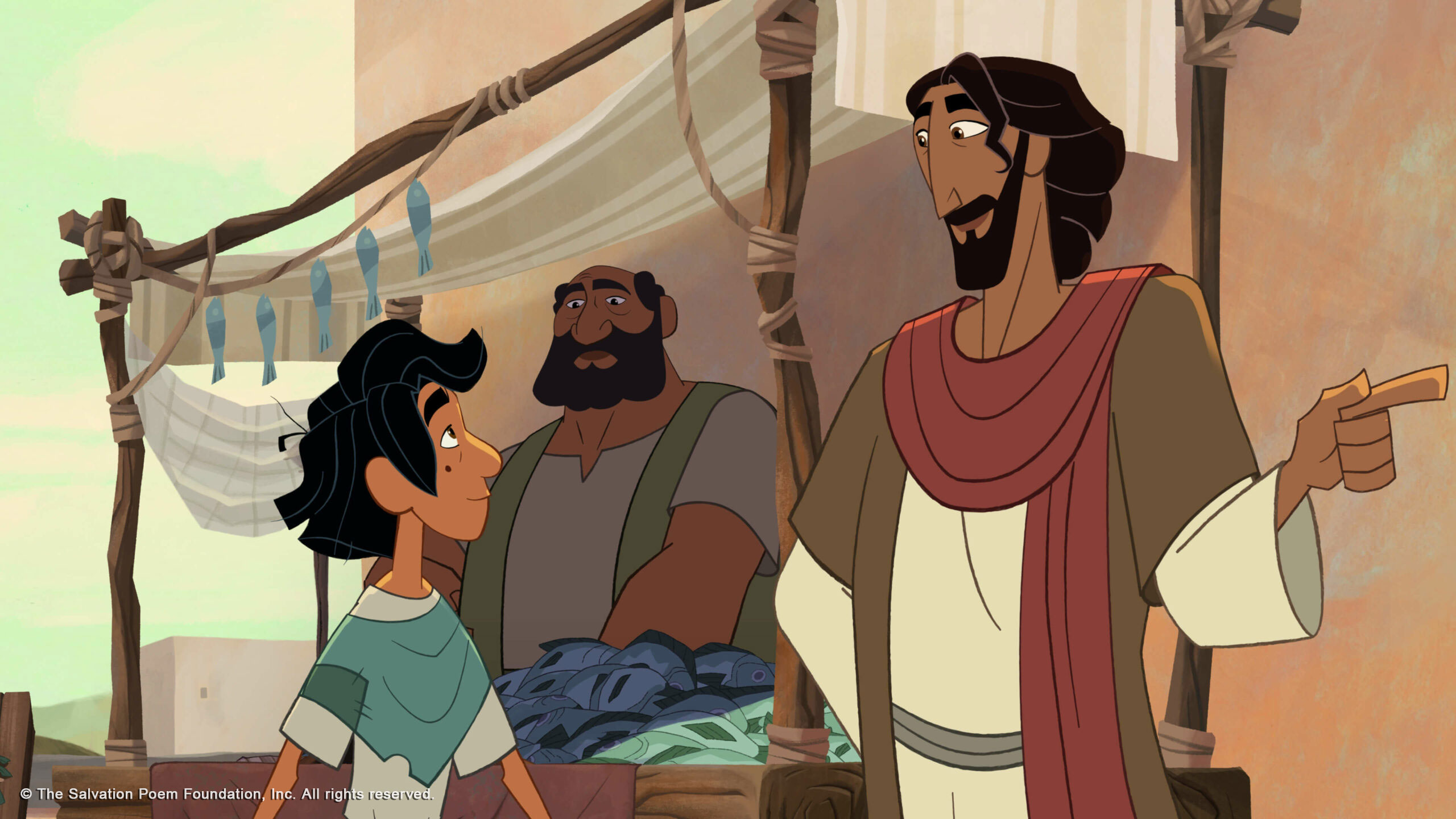 Animated scene showing a bearded man in a robe talking to a young boy in a market with fish displayed. Another man stands in the background watching.