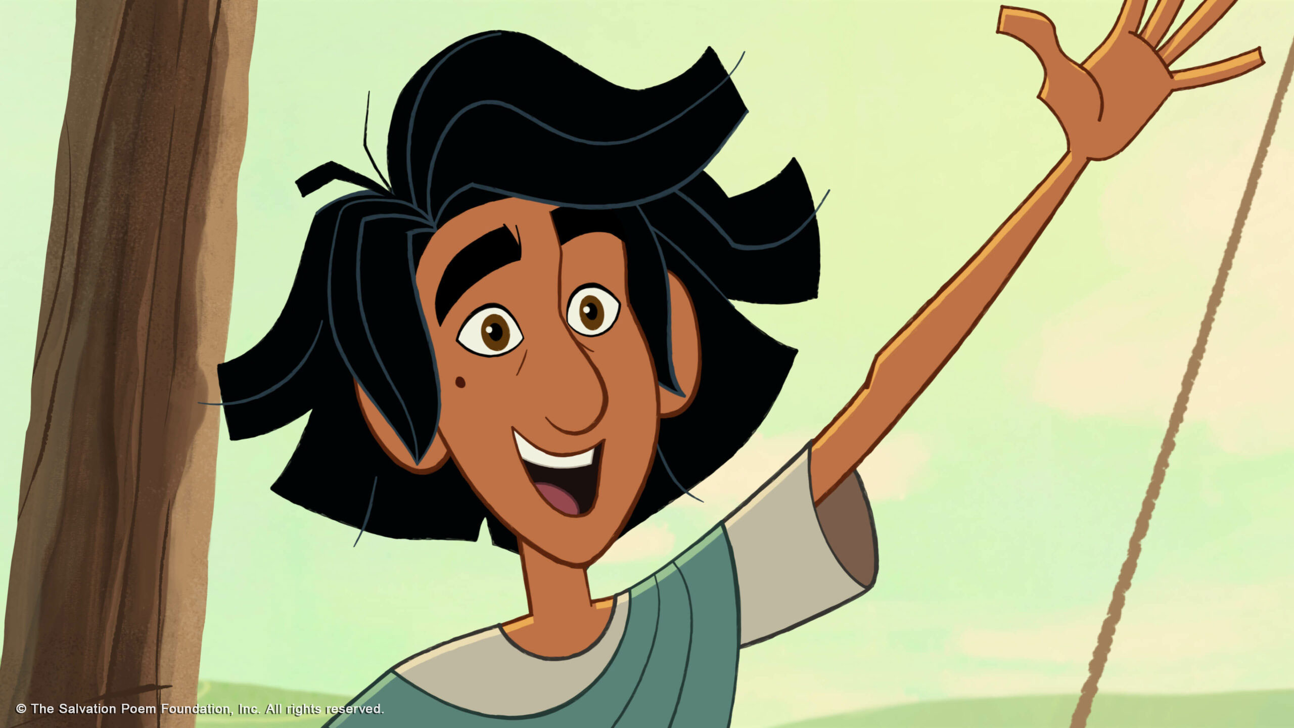Animated character with black hair and a joyful expression waves with one hand. He stands against a pale background, conveying excitement and friendliness.