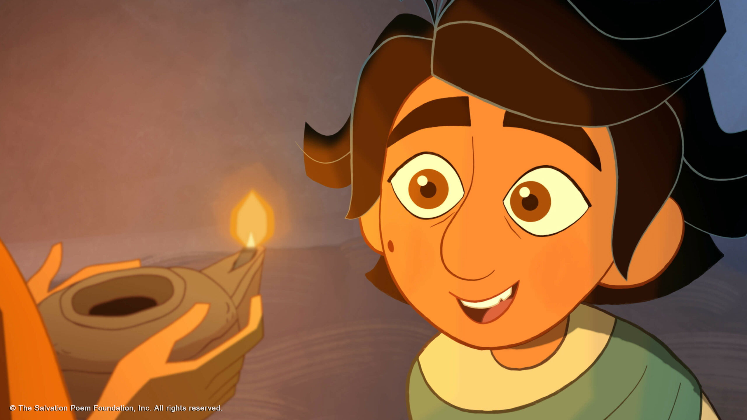 Animated image of a smiling boy with large eyes and dark hair, gazing at an oil lamp held by unseen hands. The scene emits a warm, hopeful glow.