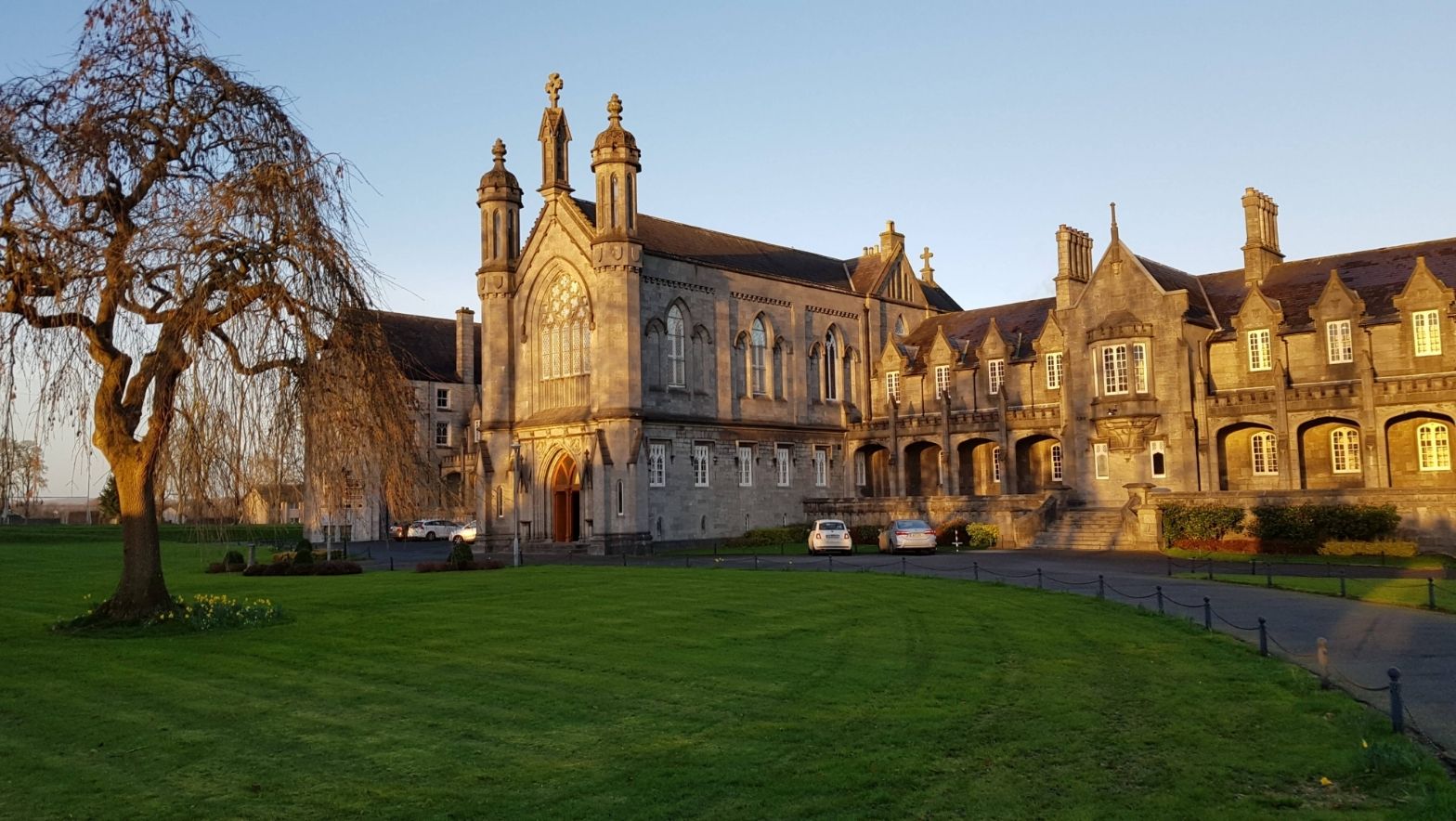 A stone building beside a grassy area with a tree. The building is very grand and the evening light and blue sky complements the image. 