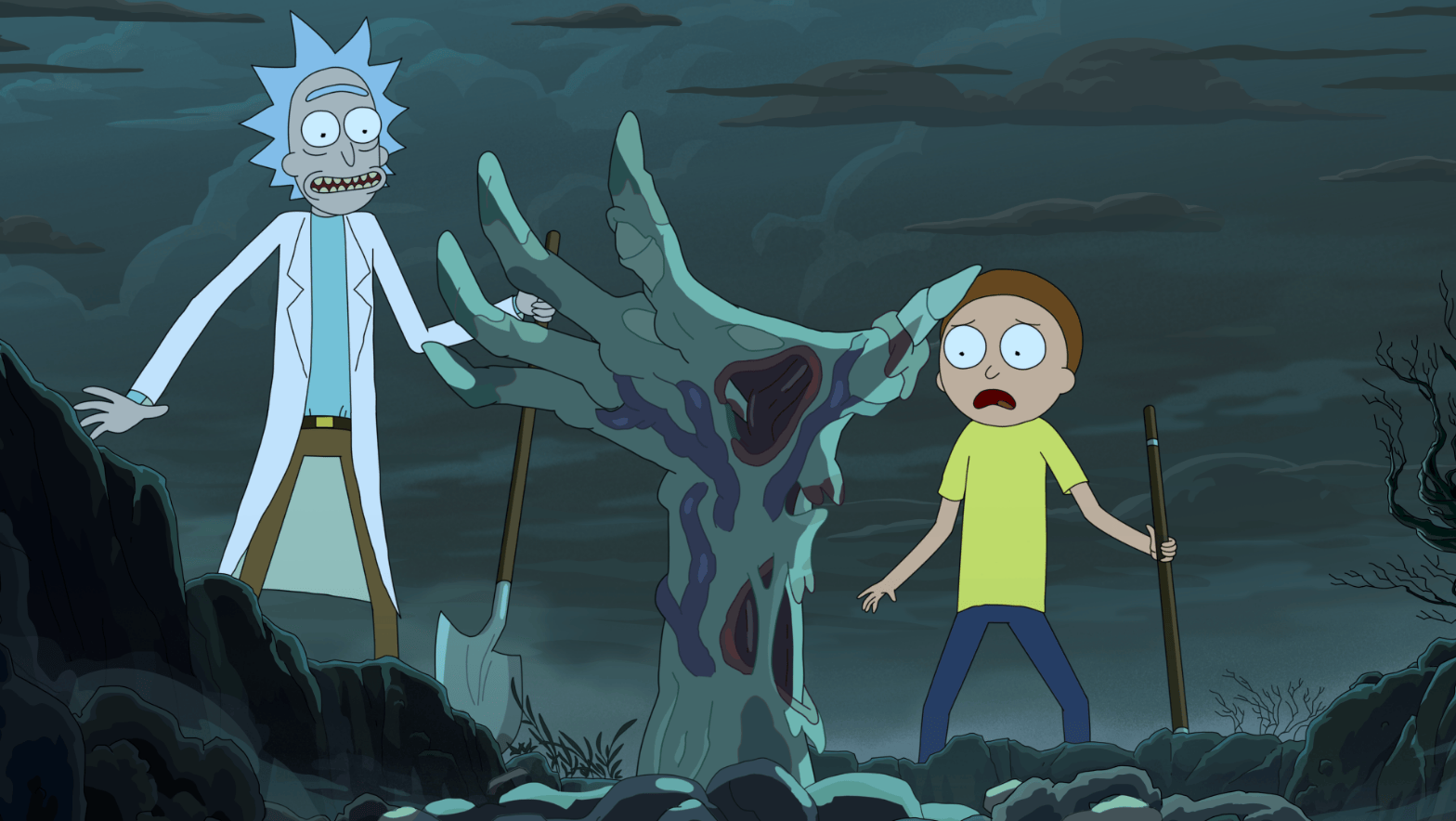 Animated scene with two characters, one with spiky hair and lab coat, the other with short brown hair and yellow shirt, staring anxiously at a large, eerie hand emerging from the ground in a dark, ominous landscape.